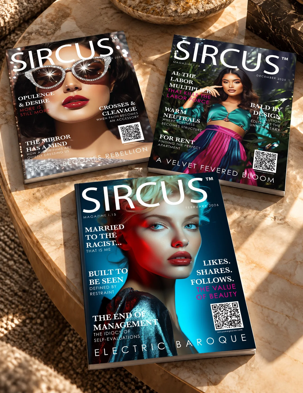 Three issues of SIRCUS Magazine on a marble table in afternoon light: Opulence & Desire, A Velvet Fevered Bloom and Electric Baroque