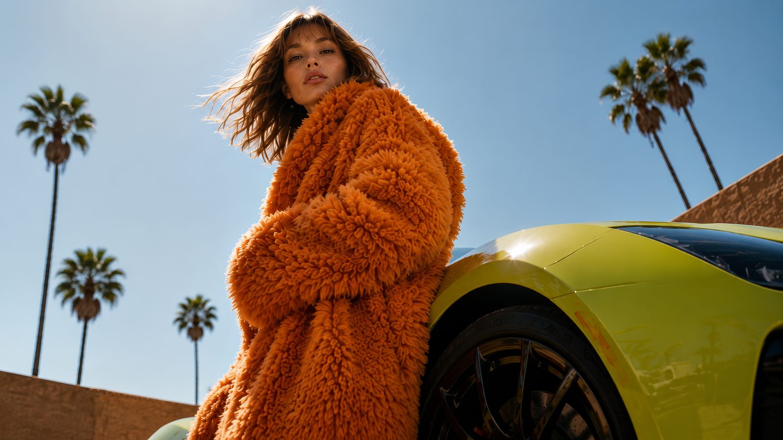 Solenne in orange shearling leaning on the fender of the car, with palms overhead