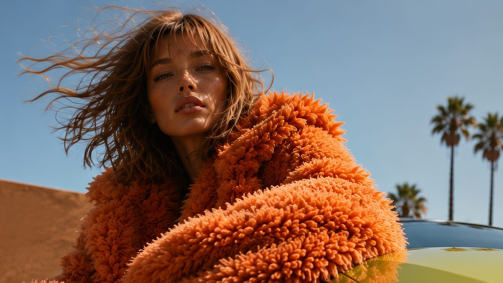 Solenne seen from a low angle, her hair lifted by the wind, the orange shearling coat against a blue sky