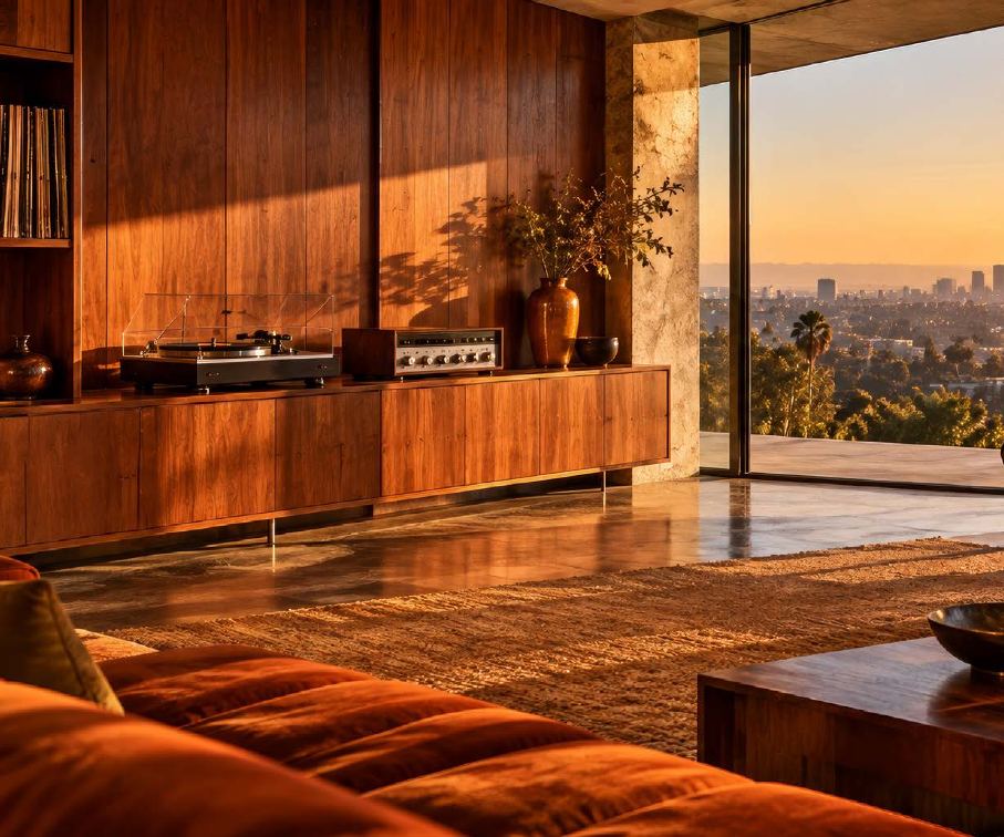 A wood-panelled living room with a turntable, a low orange sofa and a city view at dusk