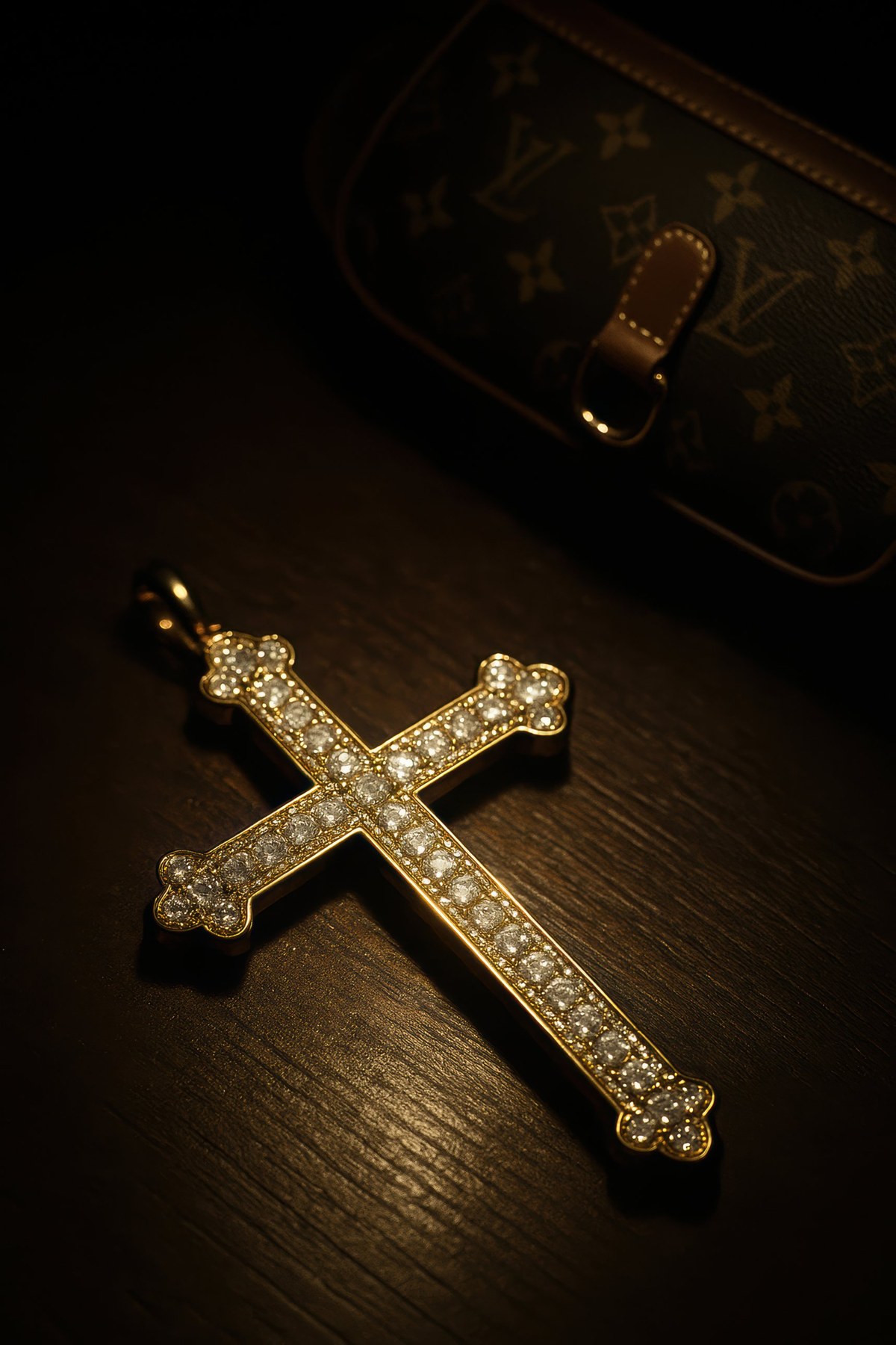 A gold cross pendant set with diamonds, lying on a dark wood table beside a monogrammed leather handbag