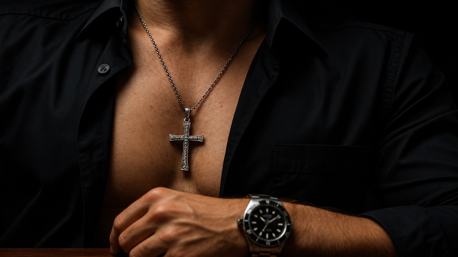 A man in an open black shirt wearing a silver cross on a fine chain, his forearm and steel watch resting on a table