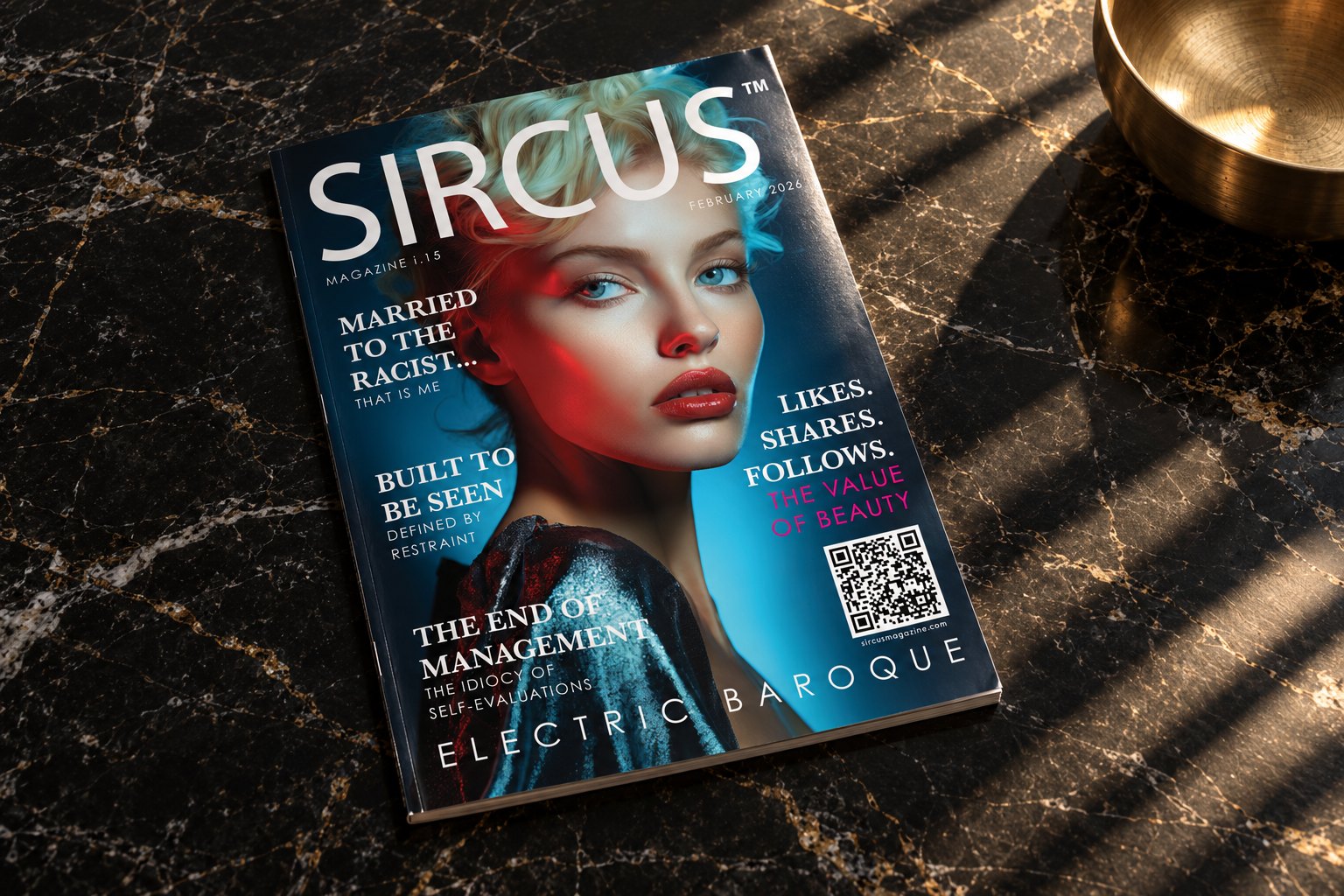 SIRCUS Issue 15, Electric Baroque, lying on black marble in late sunlight beside a brass bowl, with Married to the Racist That Is Me as its lead cover line