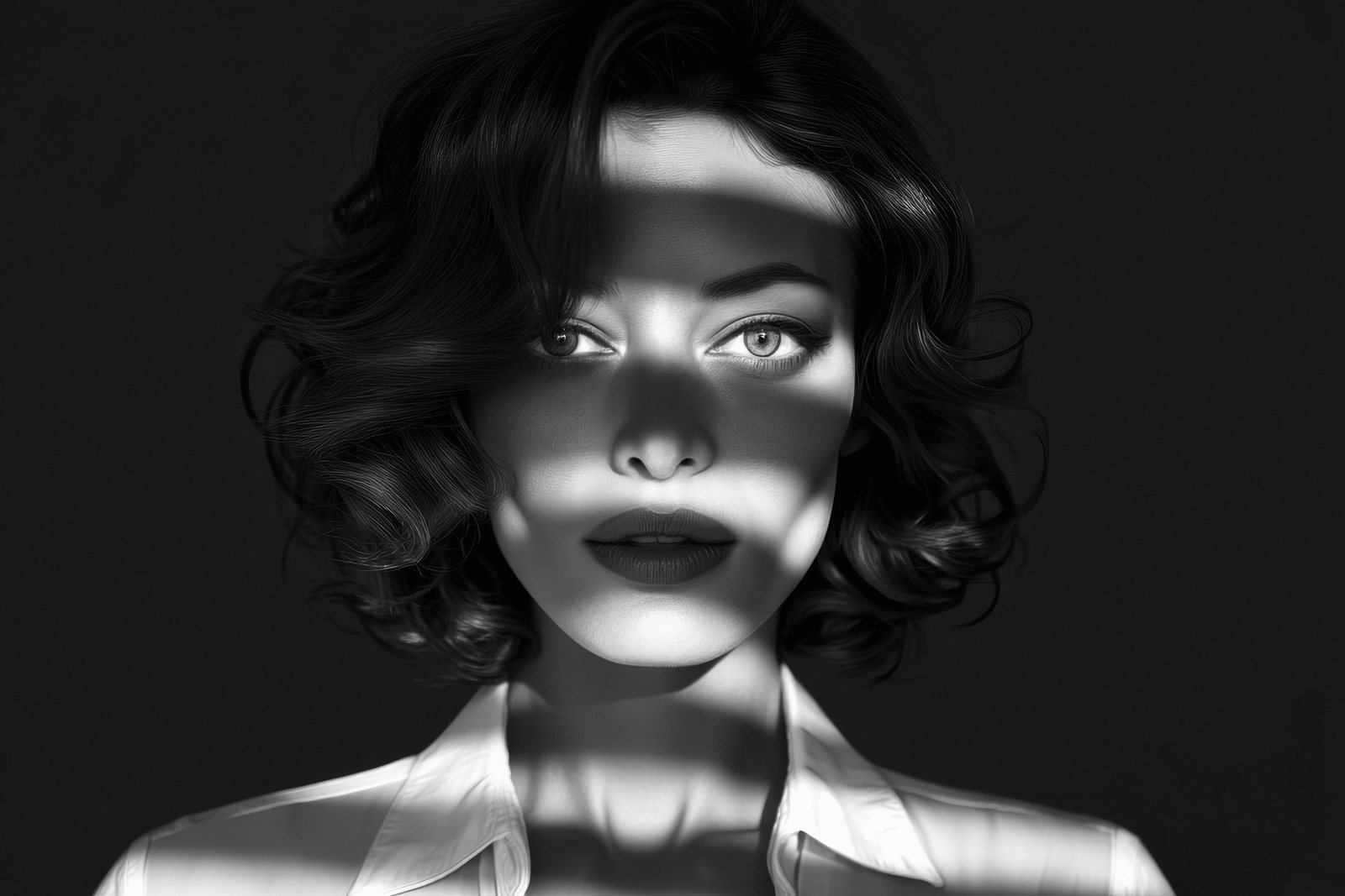 Melanie in black and white, a band of window light falling across her eyes
