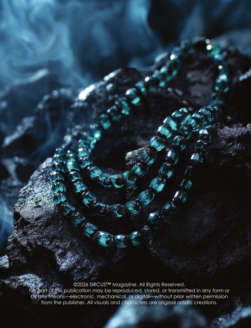 Issue 15 back cover: emerald beads on black stone